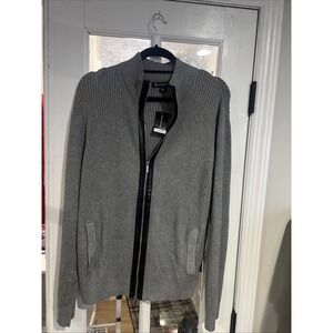 INC Men's Gray Sweater With Black Faux Leather Trim Sz L